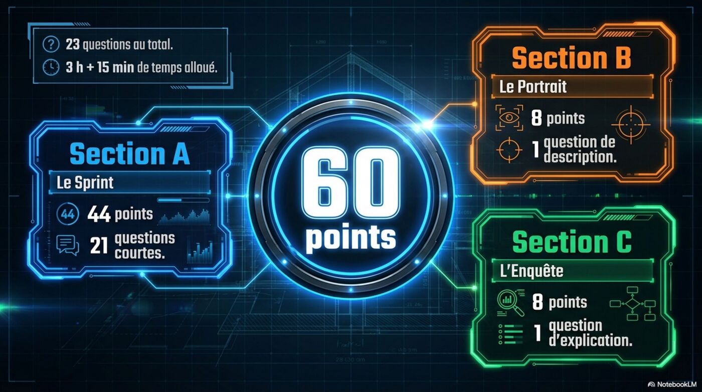 L'épreuve en chiffres — 60 points, 23 questions, 3h15