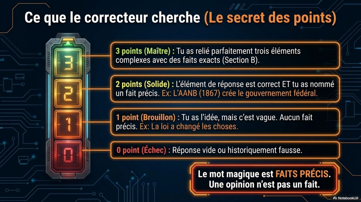 Barème des points 0-1-2-3. Le mot magique est FAITS PRÉCIS.