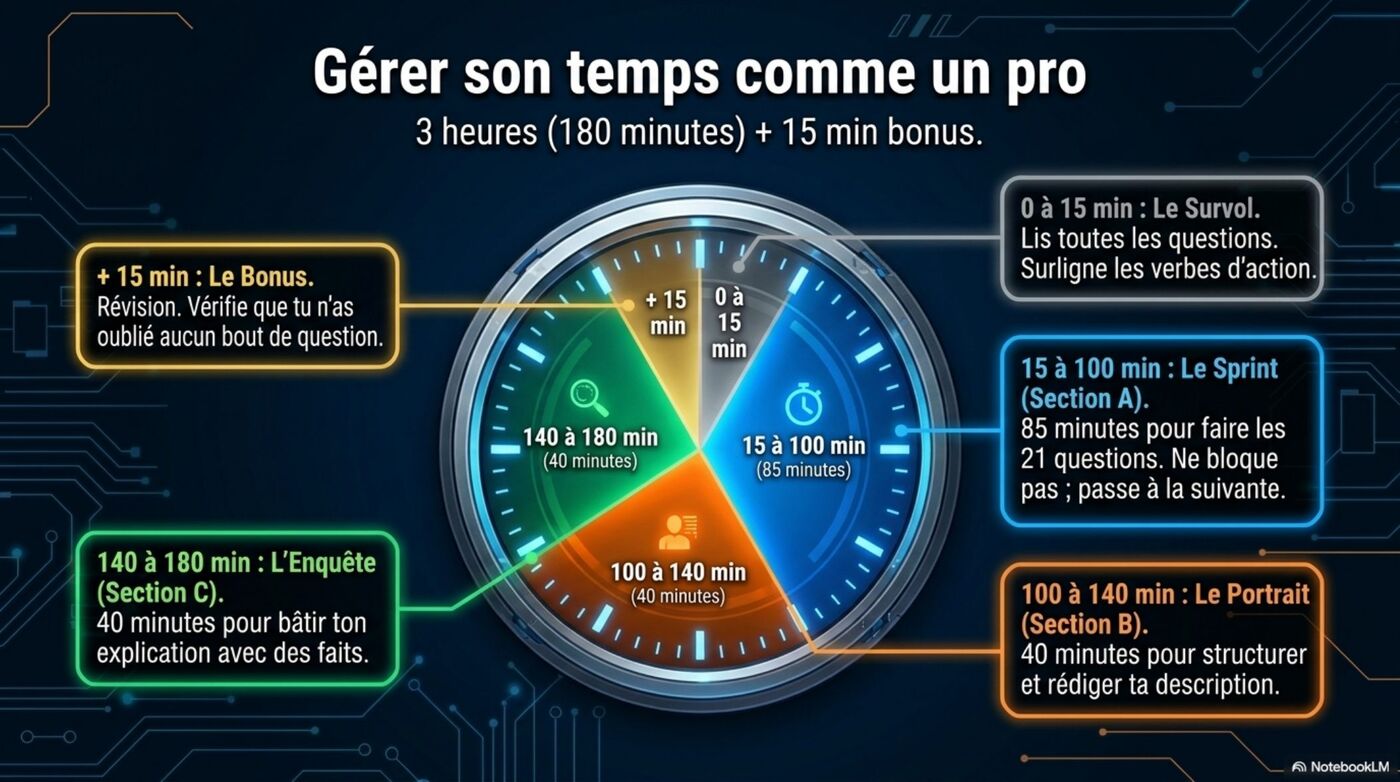Horloge de gestion du temps : 15 min survol + 85 min Section A + 40 min Section B + 40 min Section C + 15 min bonus.