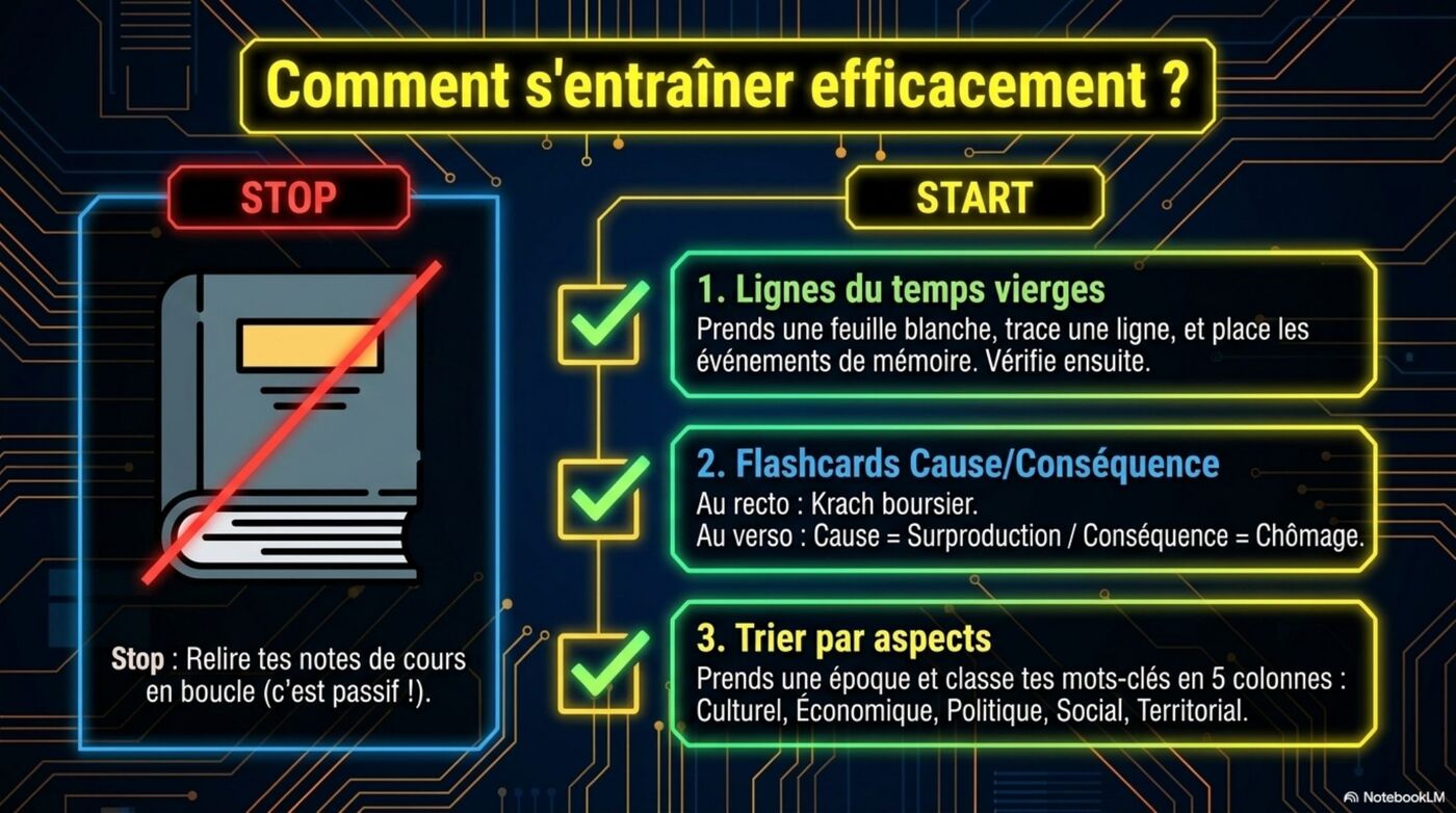 Méthodes d'entraînement actif : lignes du temps vierges, flashcards, trier par aspects.