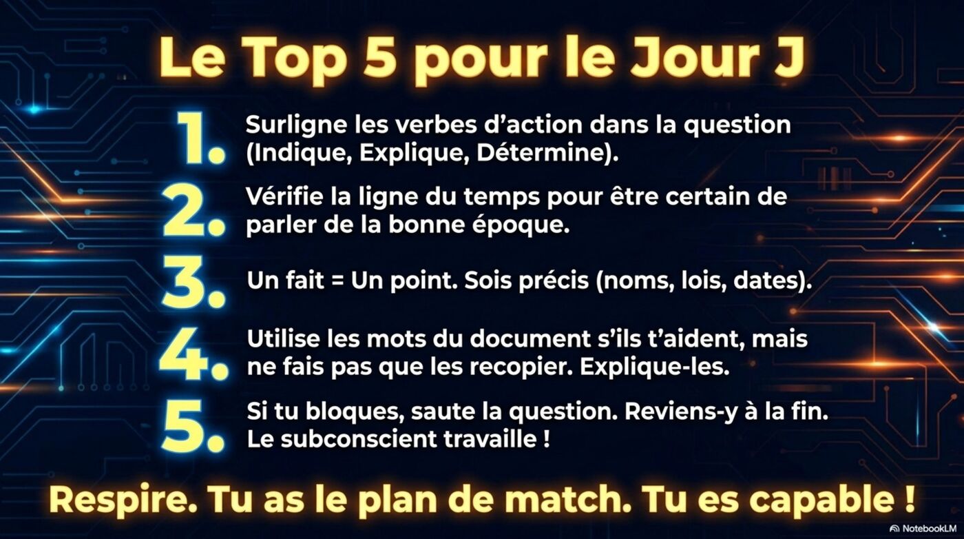 Top 5 du Jour J : surligner les verbes, vérifier l'époque, un fait = un point, utiliser les mots du document, sauter si bloqué. Respire. Tu es capable !